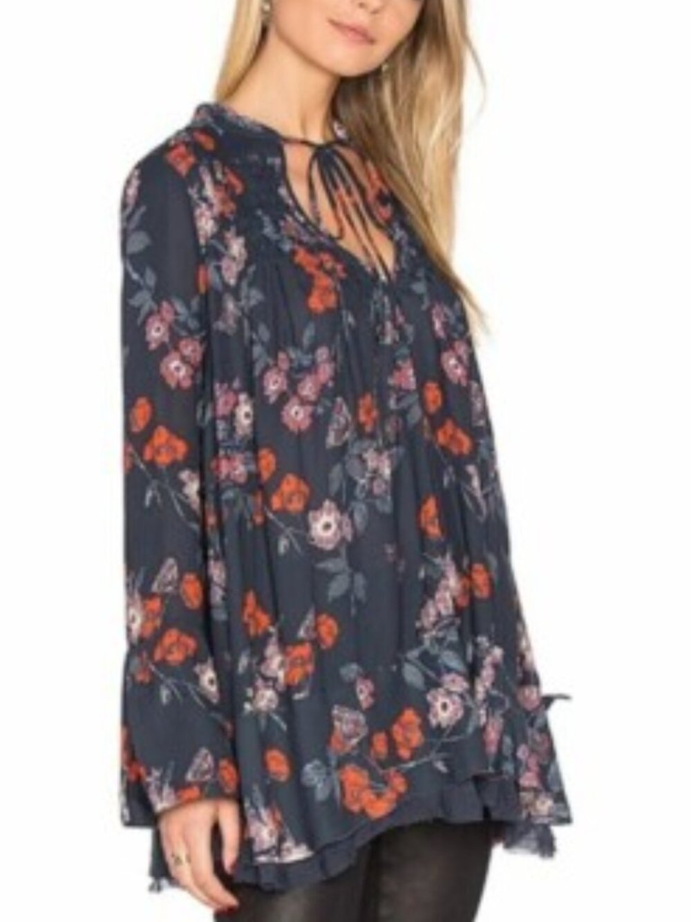 Free People Tunic Top So Fine Pebble Floral Crepe Smocked Boho - Medium